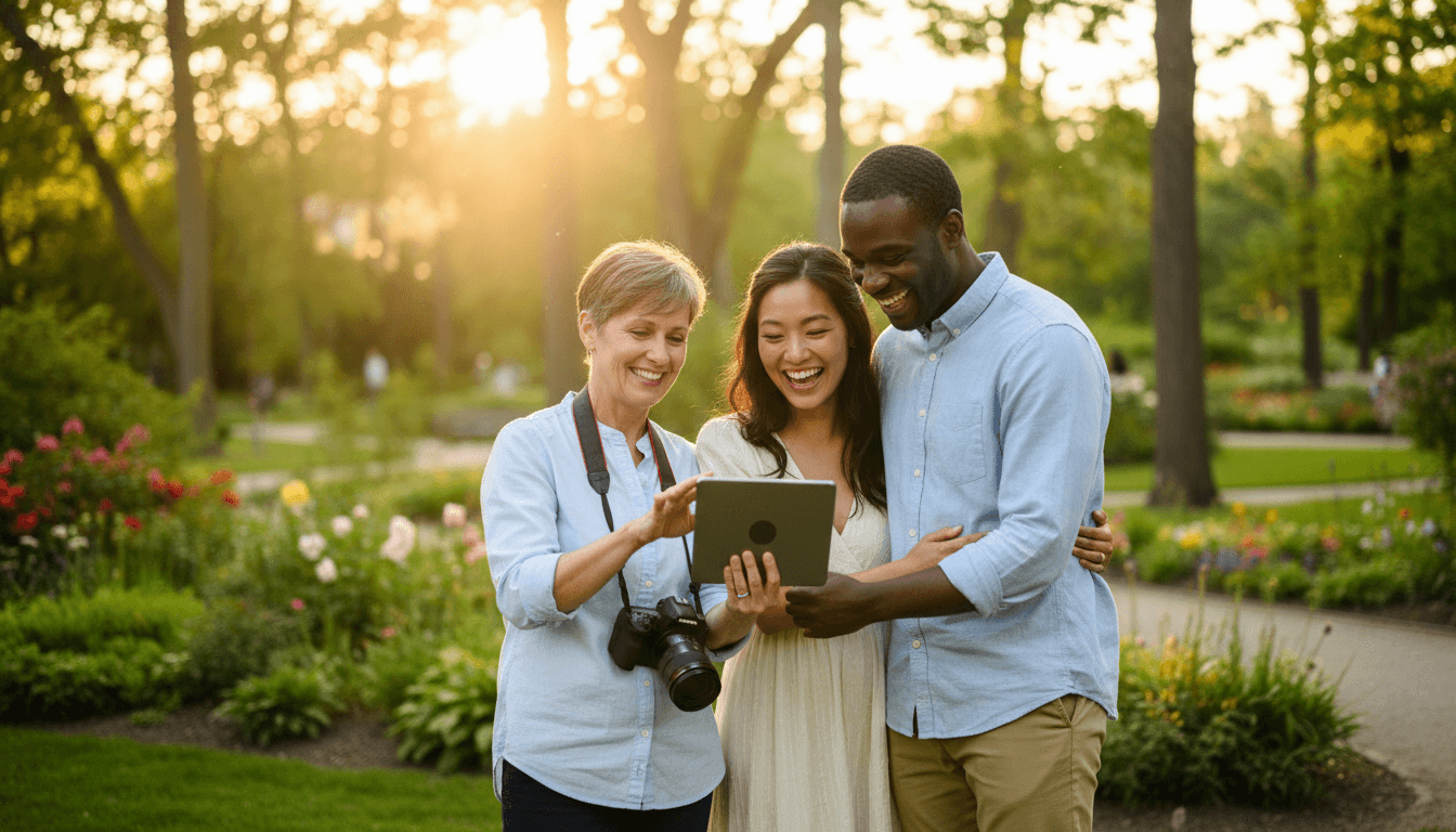 Photographer reviewing photos with a couple during a golden hour session