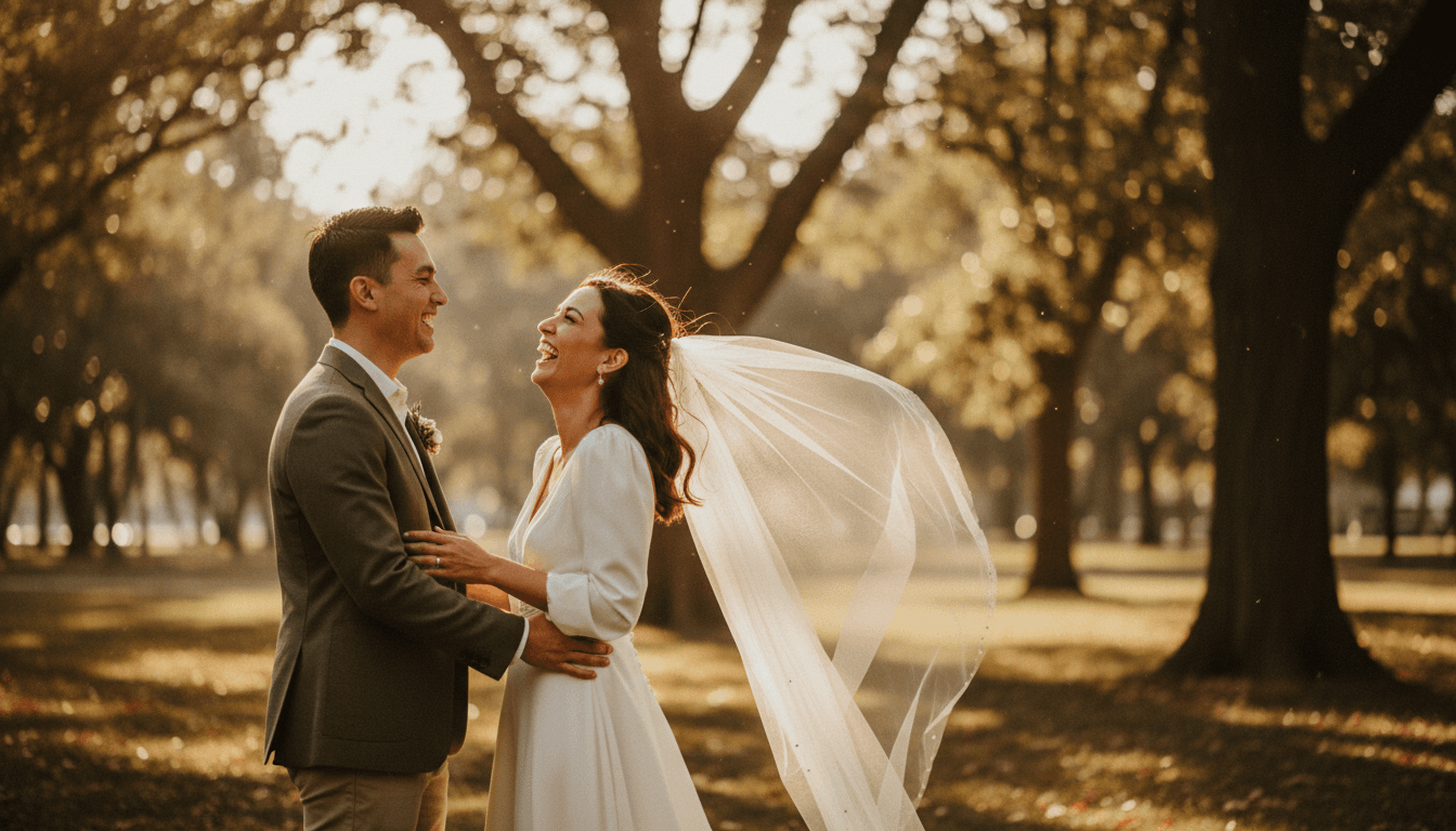 Couple laughing during a golden hour engagement session in a Toronto park