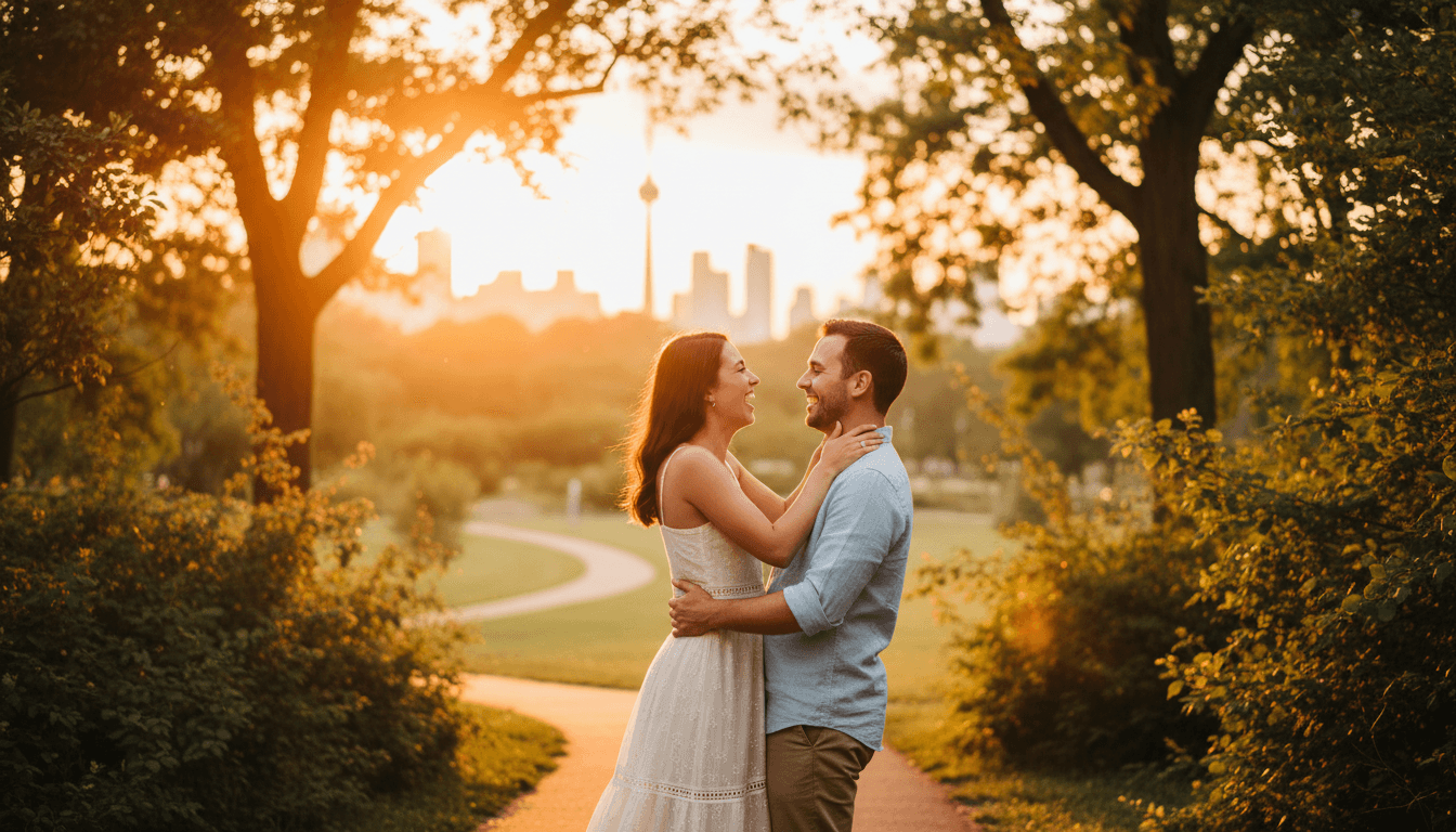 Couple laughing during a golden hour engagement session in a Toronto park