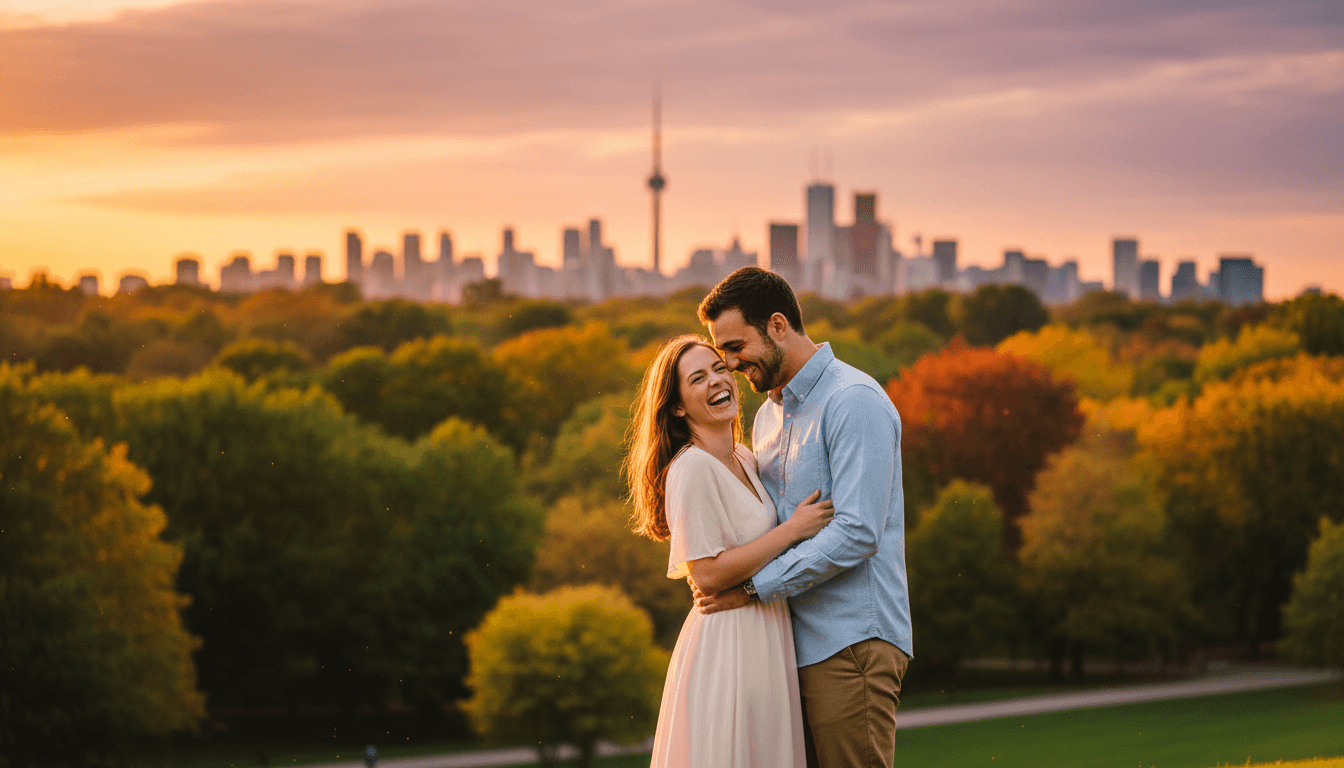 Couple laughing during an outdoor photo session in a Toronto park at golden hour