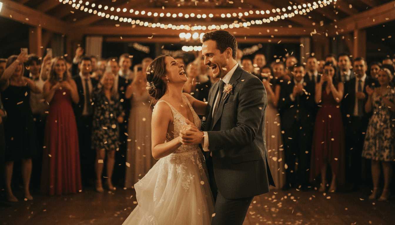 Bride and groom laughing during their first dance
