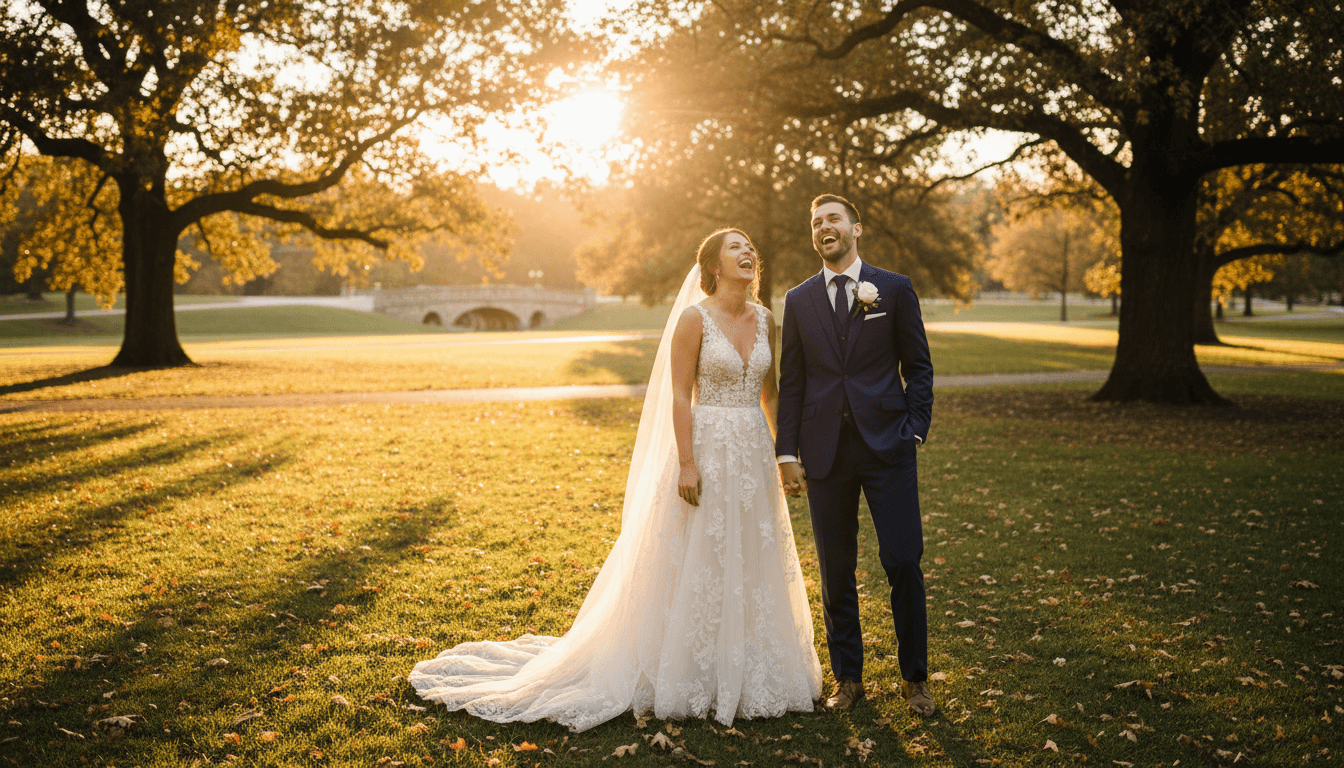 Bride and groom sharing a genuine laugh during their wedding shoot