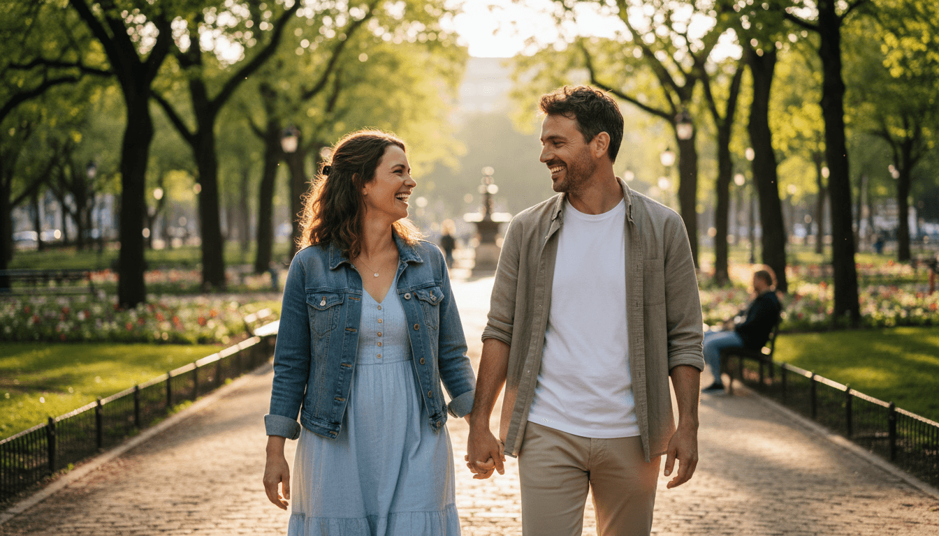 Couple walking hand-in-hand through a sunlit Toronto park