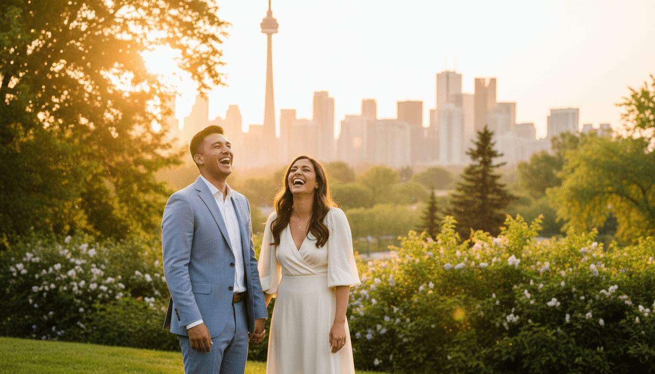Couple laughing in a Toronto park during a golden hour engagement session