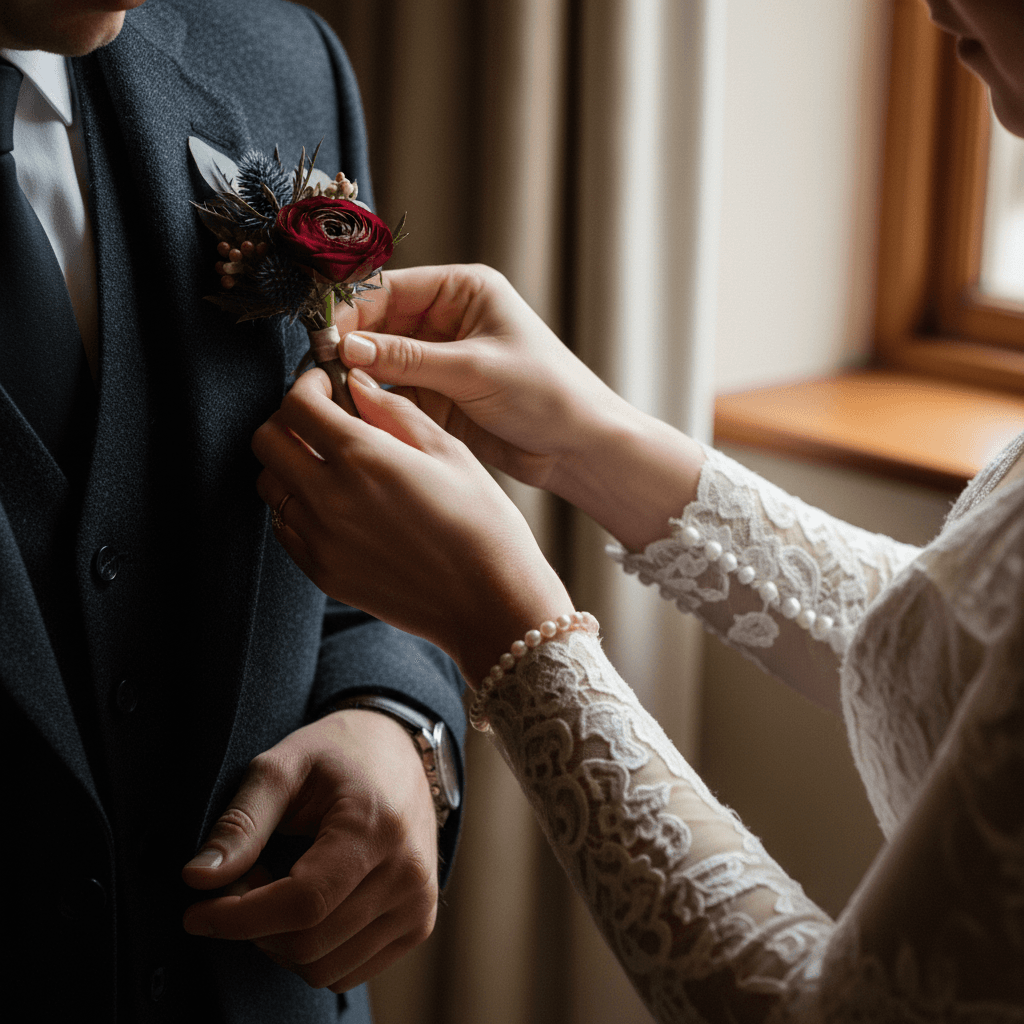 Bride adjusting groom's lapel before ceremony in Toronto