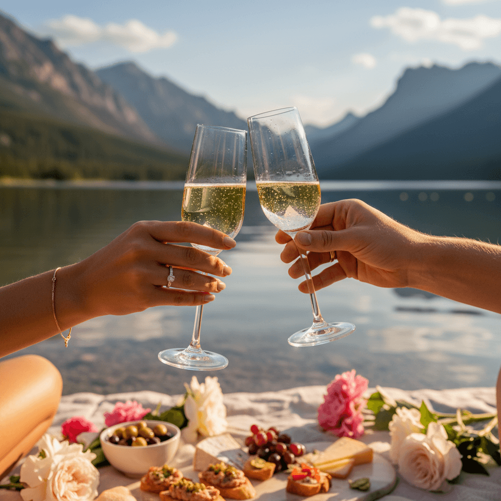 Two champagne flutes toasting over a mountain lake, capturing celebration moment with warm golden light and blurred scenic background