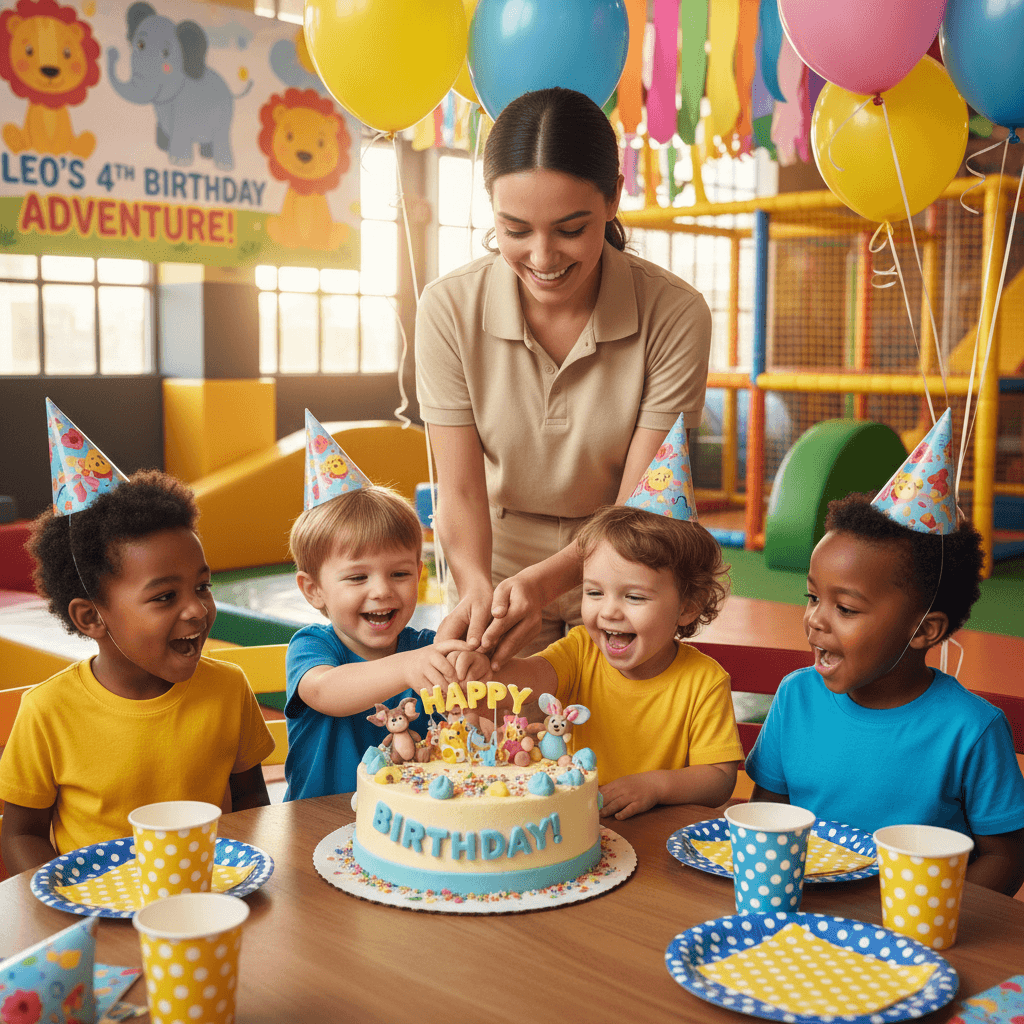 Children smiling around a decorated birthday cake during a festive party celebration in an indoor play facility's themed event space