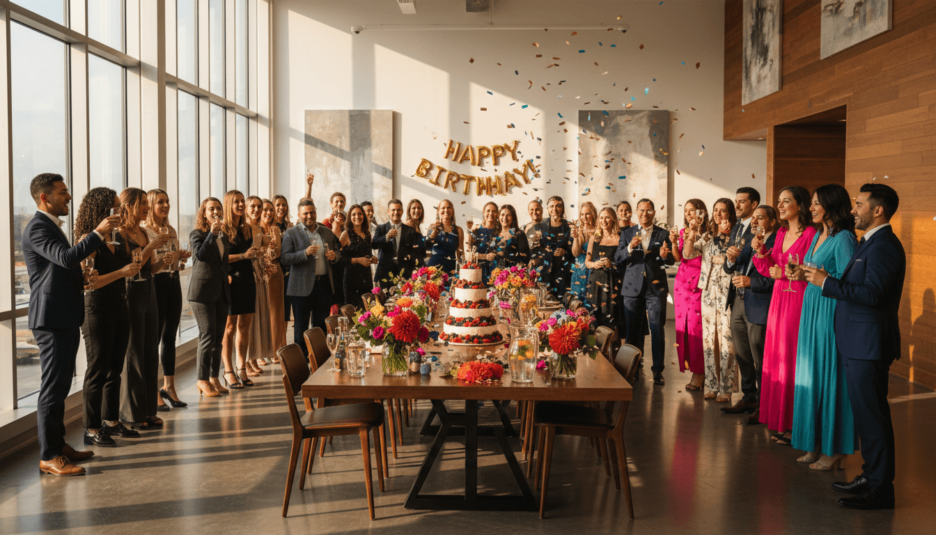 Guests celebrating around a candlelit table with cake