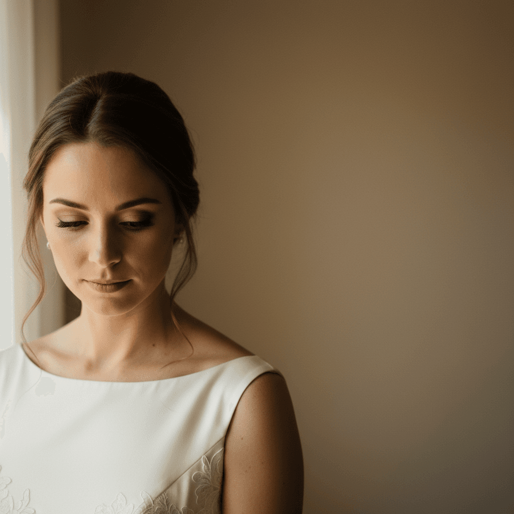 Portrait of bride with soft smile in natural window light