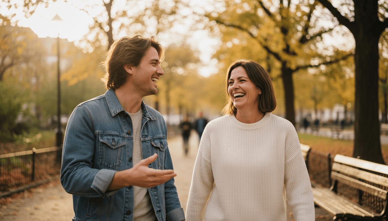 Couple laughing during an outdoor photo session in a Toronto park at golden hour
