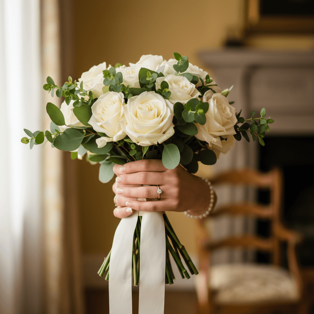 Wedding bouquet resting on wooden chair with soft light