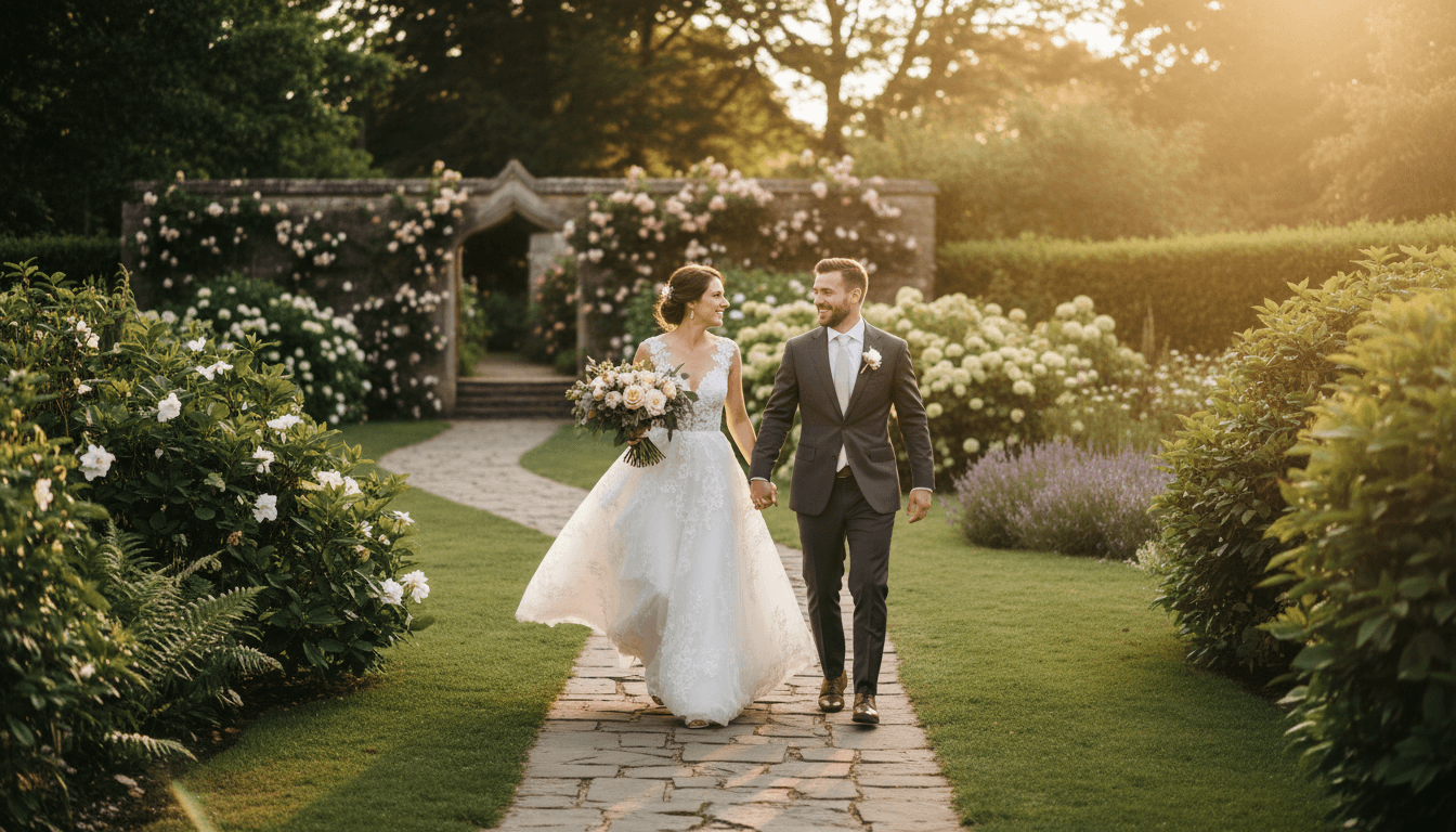 Couple walking through Toronto park during golden hour