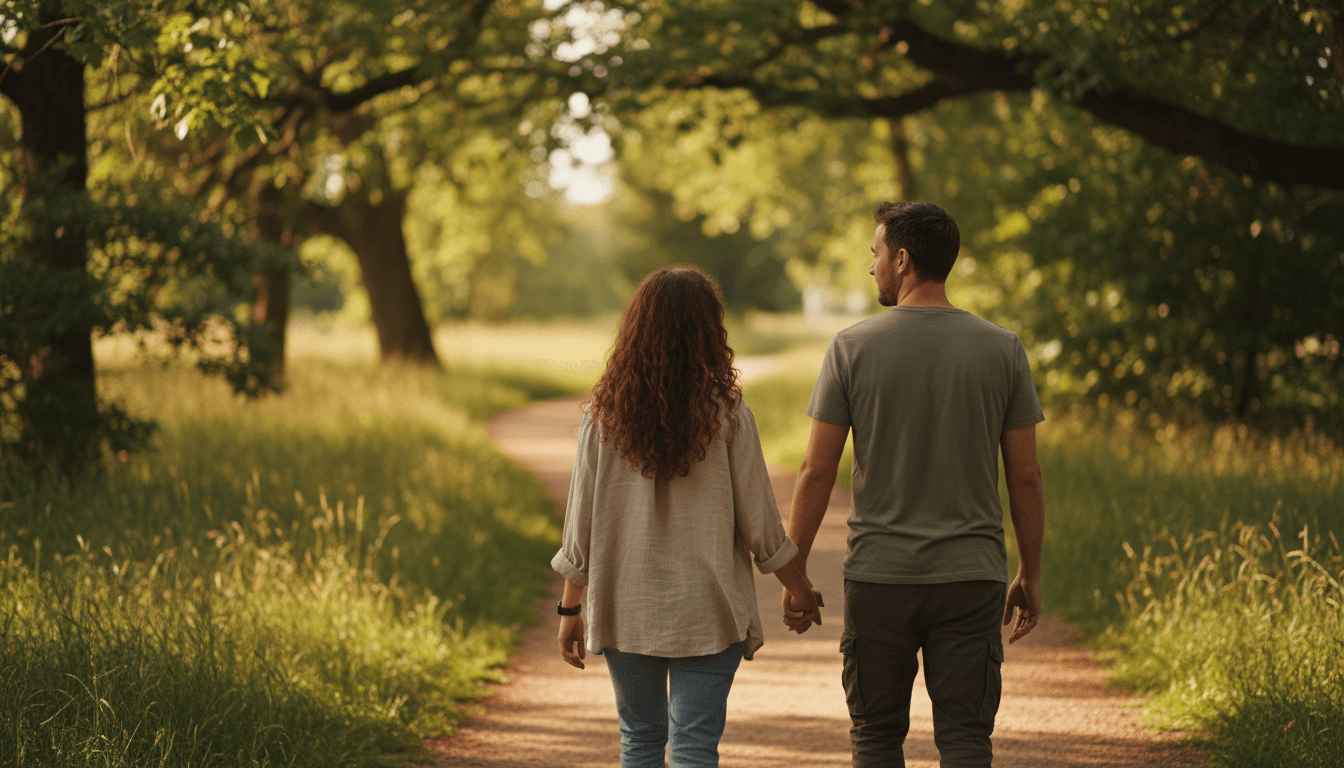 Couple walking hand in hand through a sunlit park