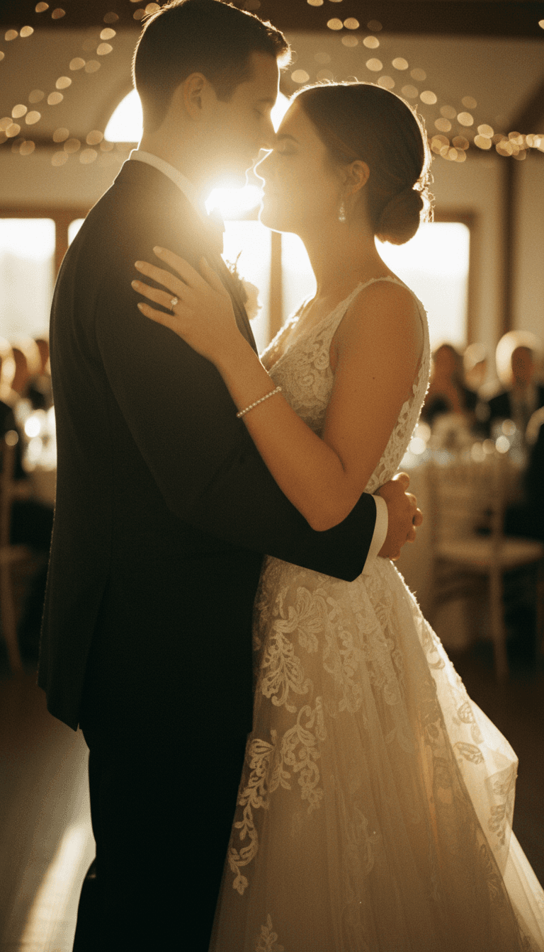Bride and groom laughing together during golden hour