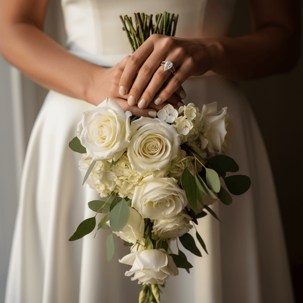 Bride's hands holding engagement ring and white rose bouquet in soft golden hour light, close-up detail