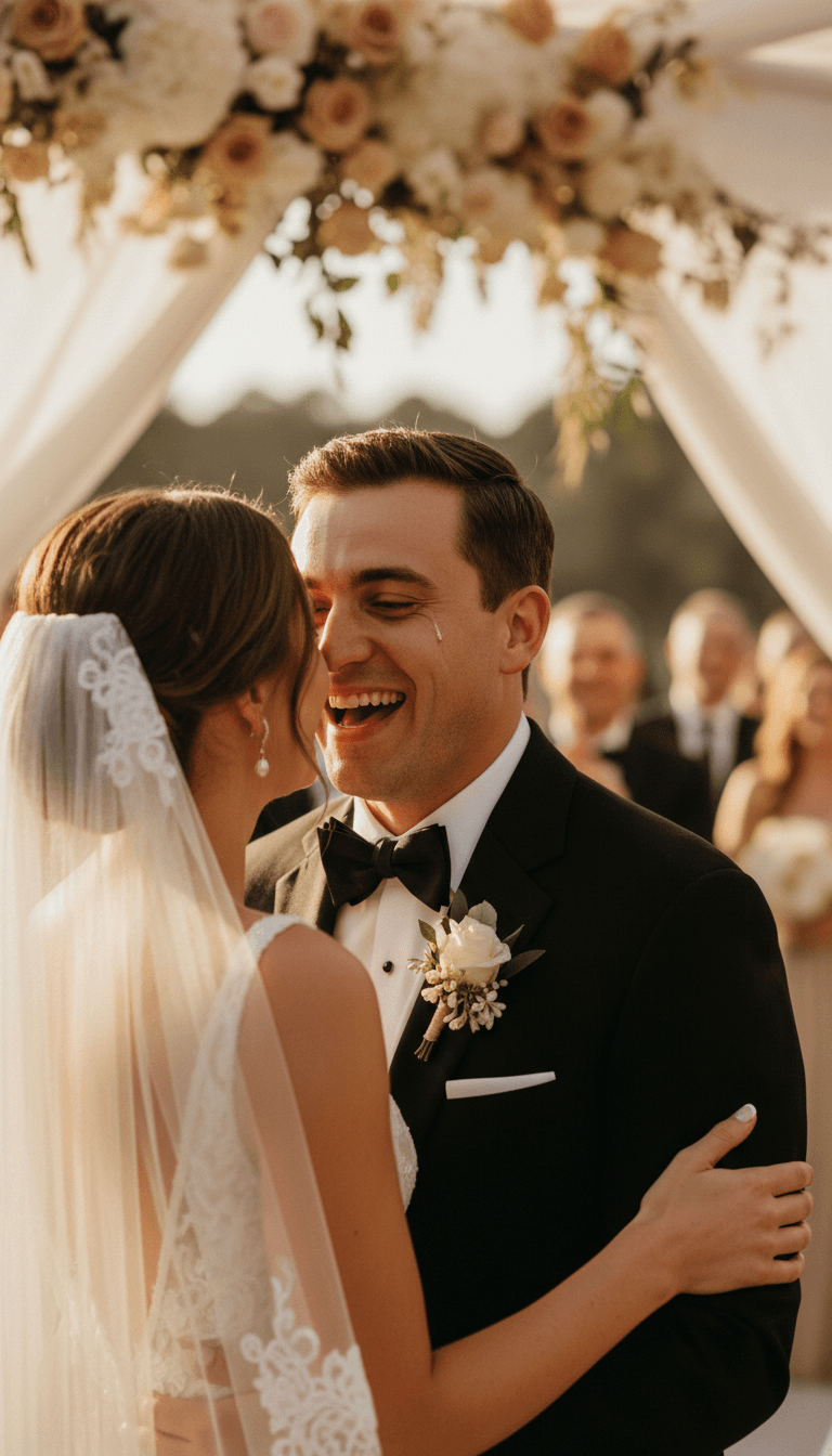 Newlyweds laughing during sparkler exit at evening wedding